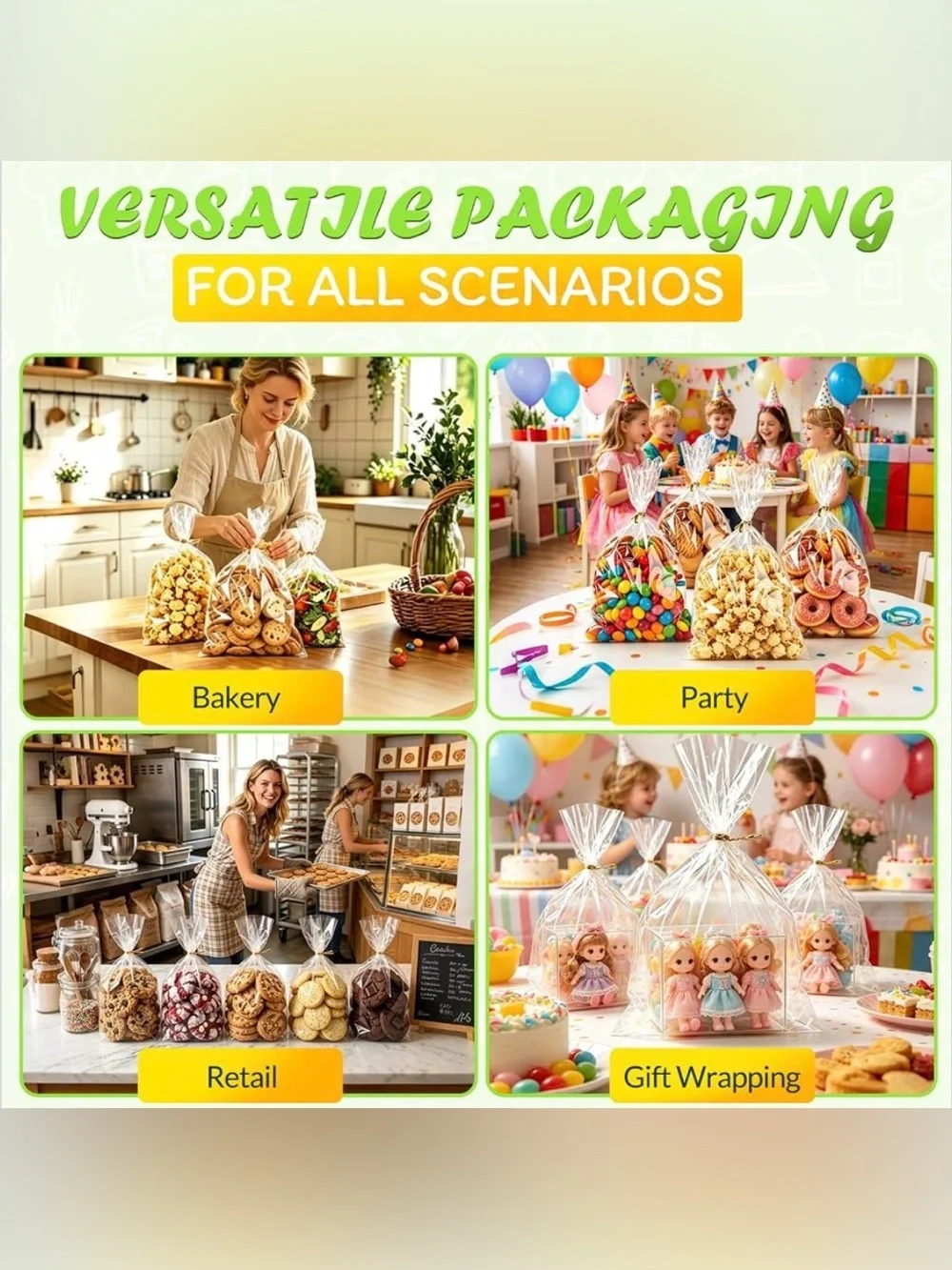Cellophane Treat Bags 6x10 100PCS Clear Cookie Bags with Ties for Gift Wrap